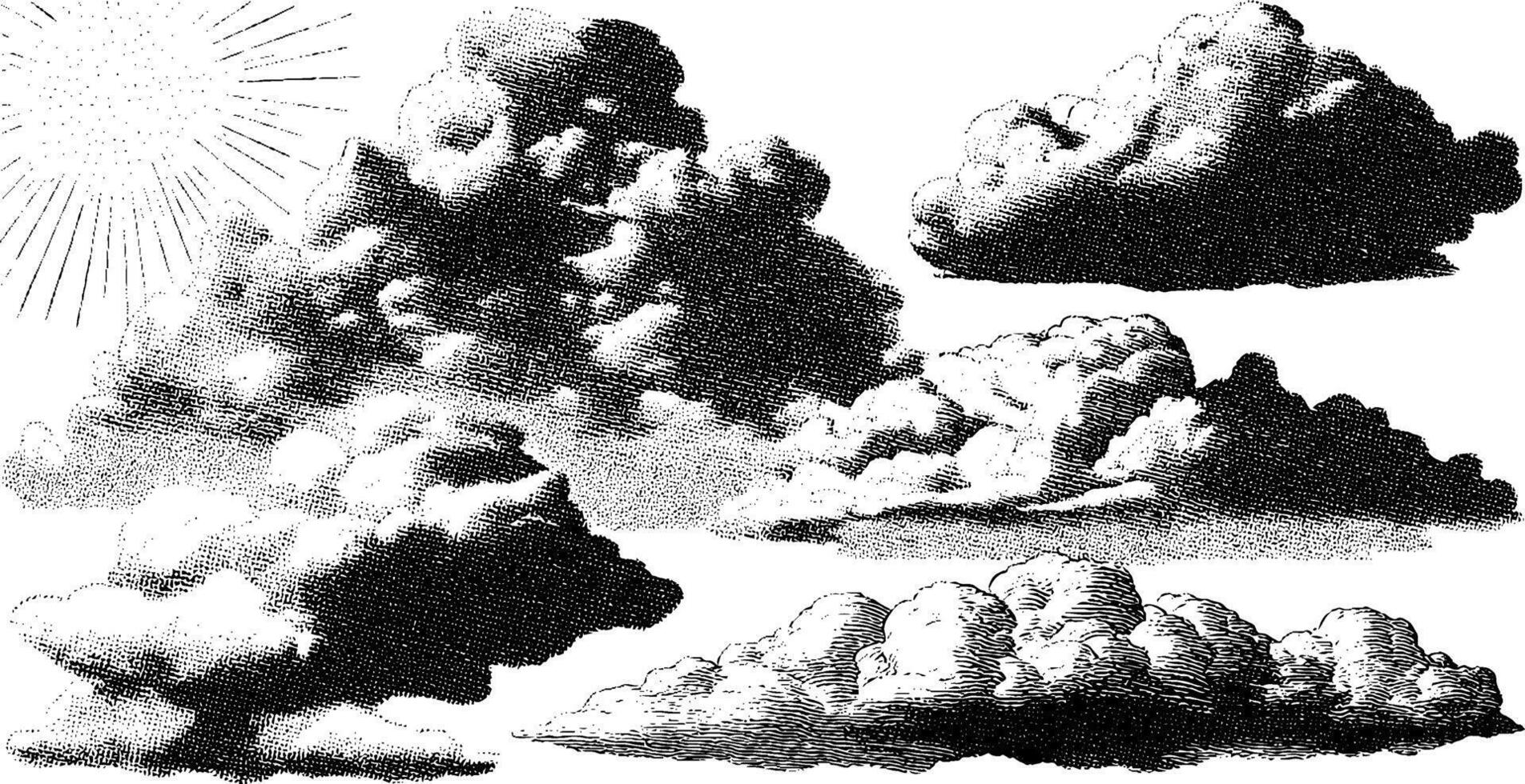 Vintage 1950s style black and white cloud illustrations for retro design projects vector