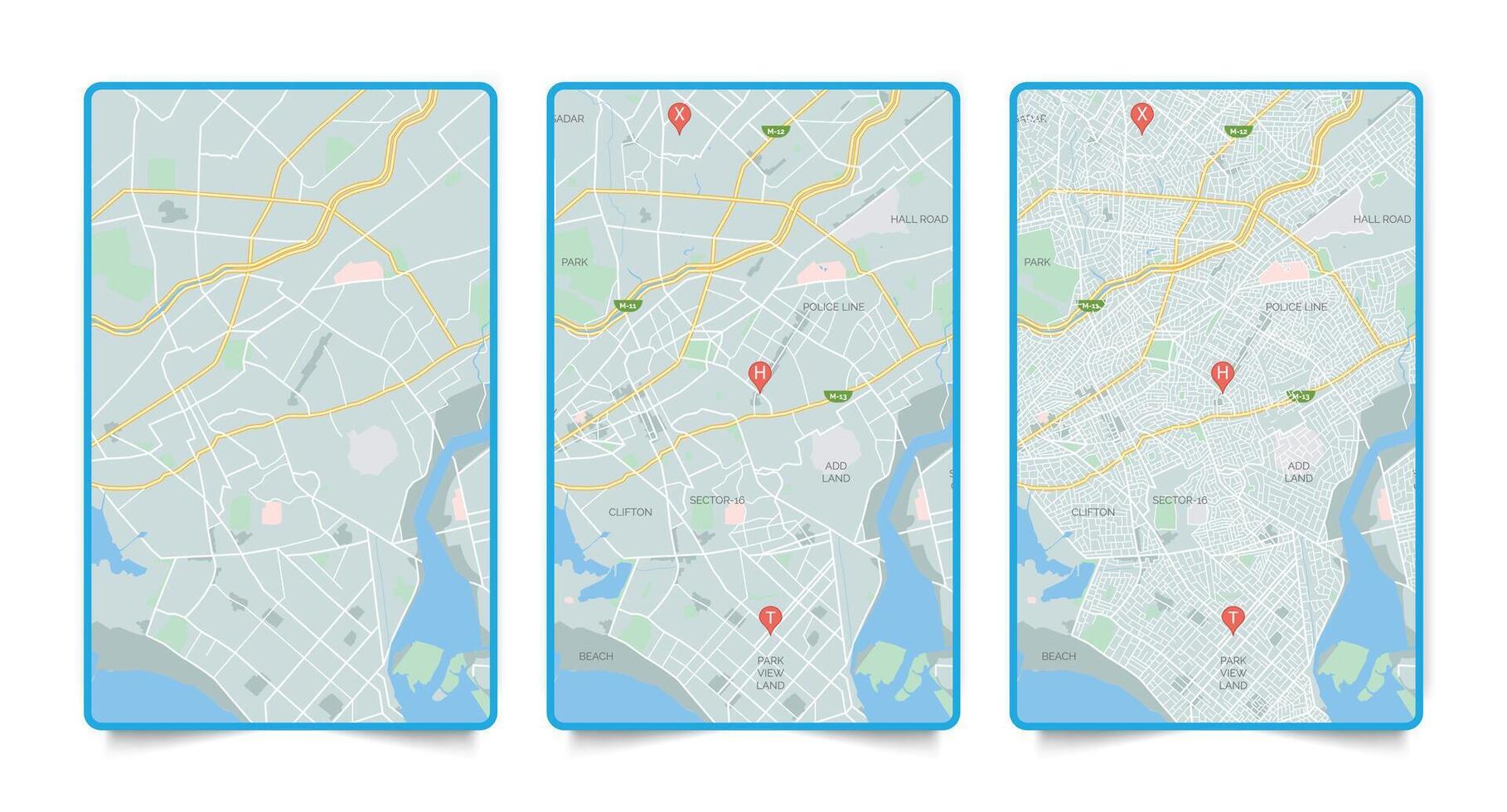 Three detailed urban area maps vector