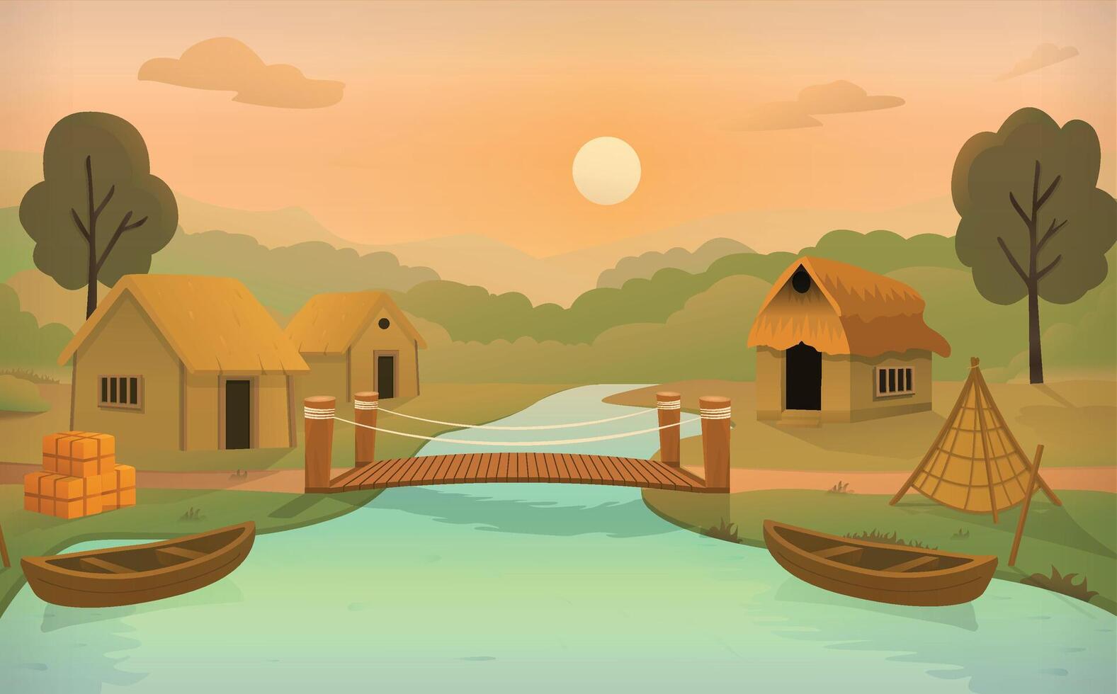 Serene river scene with huts and boats vector