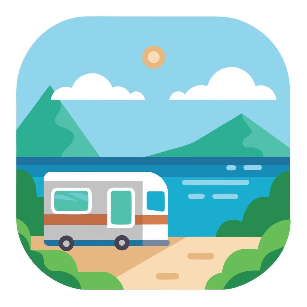 Sea view from the window of a caravan. Motorhome life. Recreational vehicle. Sticker vector