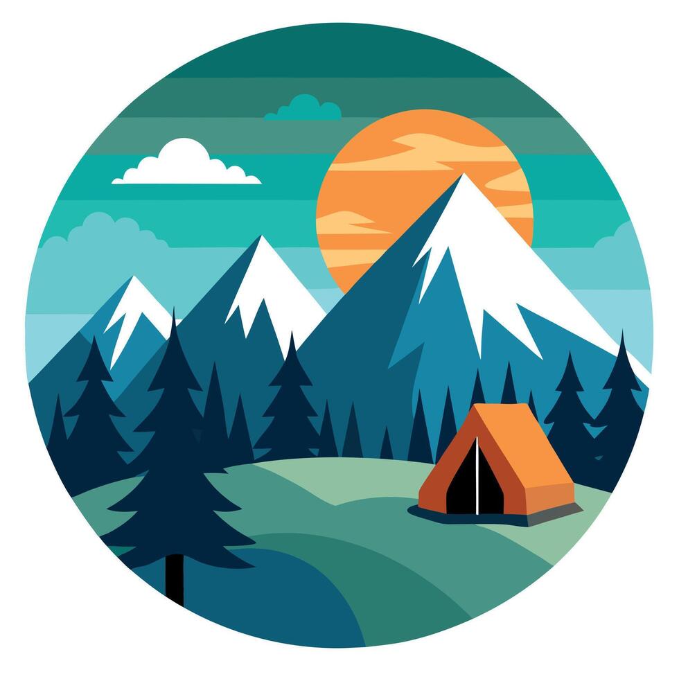 Camping Adventure in Serene Mountain Landscape with Morning Light and Forest View Sticker vector