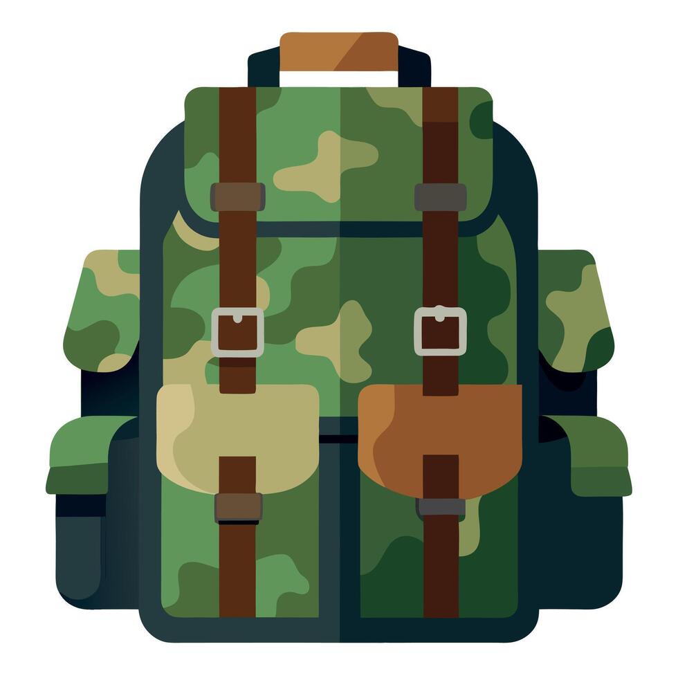 A large camouflage backpack with multiple compartments sits ready for adventure Sticker vector