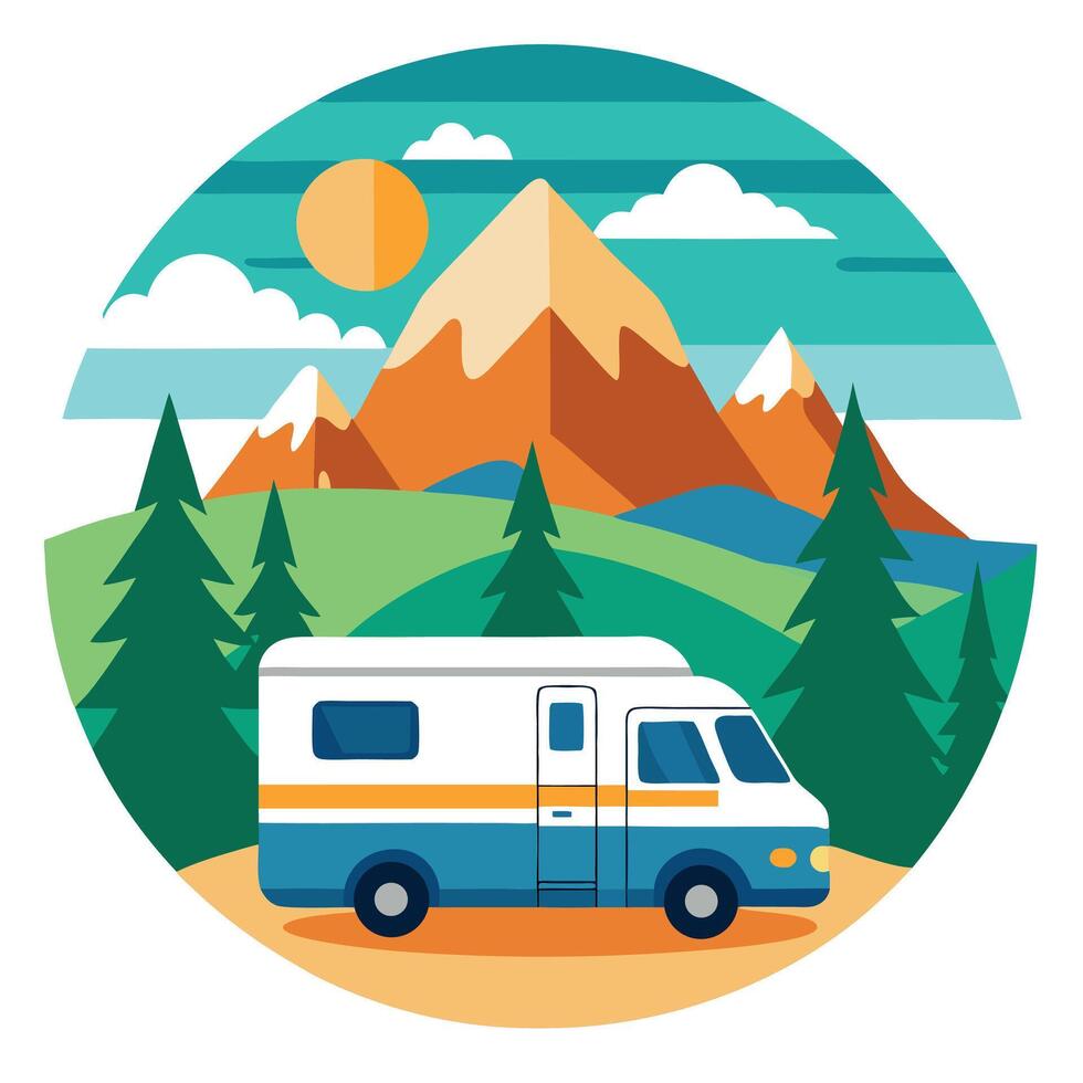 A parked motorhome on the background of the vibrant color breathtaking scenery Sticker vector