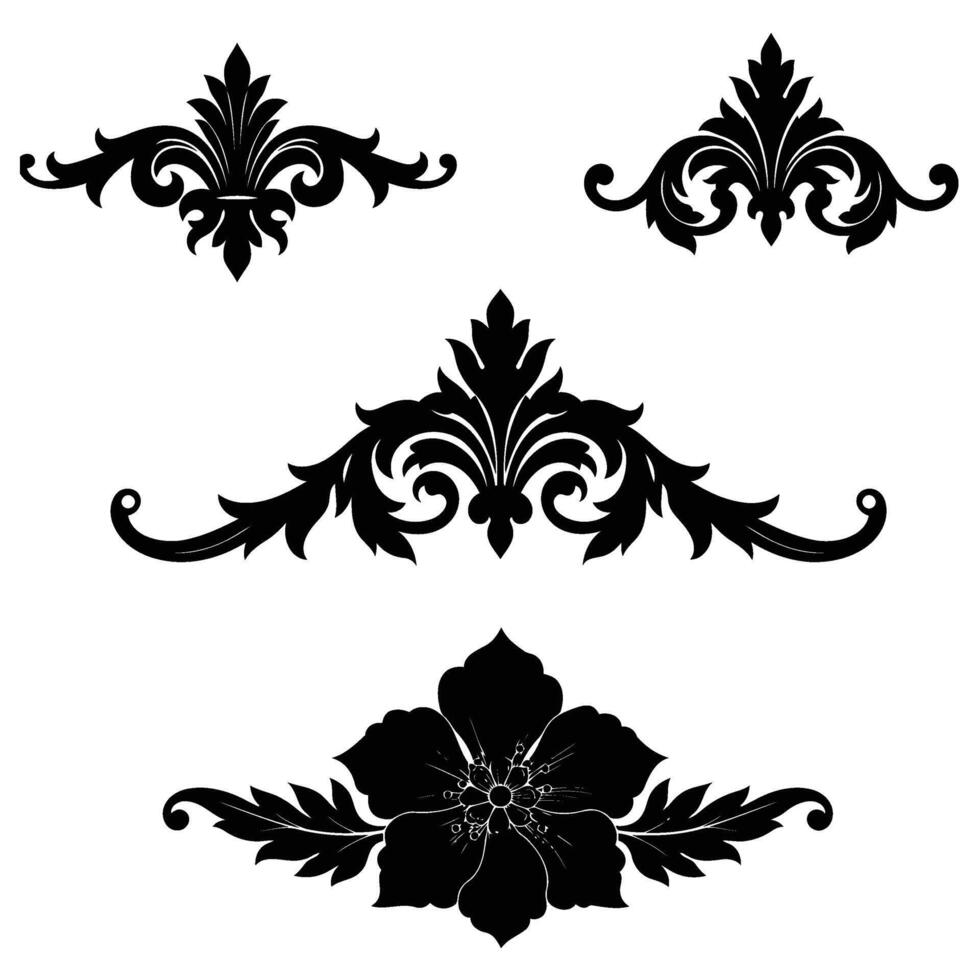 Black and White Floral and Scroll Design Elements Set Four ornate black silhouettes on white background acanthus leaves floral motifs decorative ornaments vector