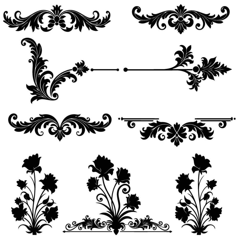 Black and White Floral Ornaments Set Decorative Swirls Flourishes Vintage Style Design Elements vector