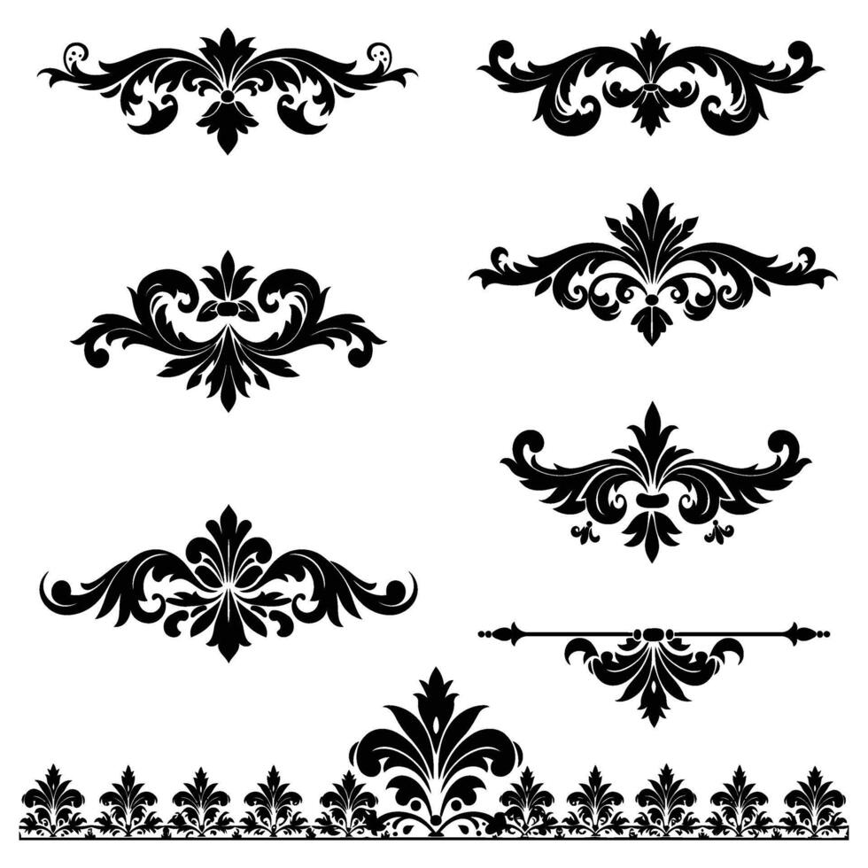Black and White Floral Damask Design Elements Set Ornate Swirls Flourishes Borders ornament vector