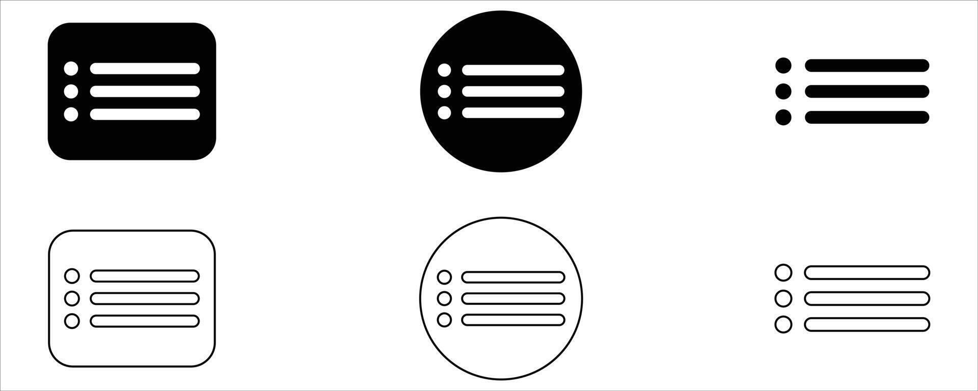 Minimalist Bullet List Icons . Solid and Outline UI Symbols in Rounded Rectangle, Circle, and Horizontal Styles vector