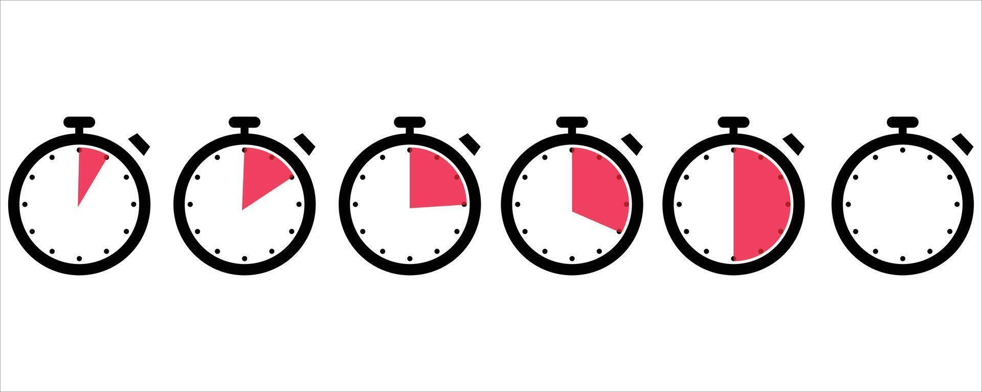 Stopwatch Icons Set . Five Time Interval Symbols in Red on White Background vector