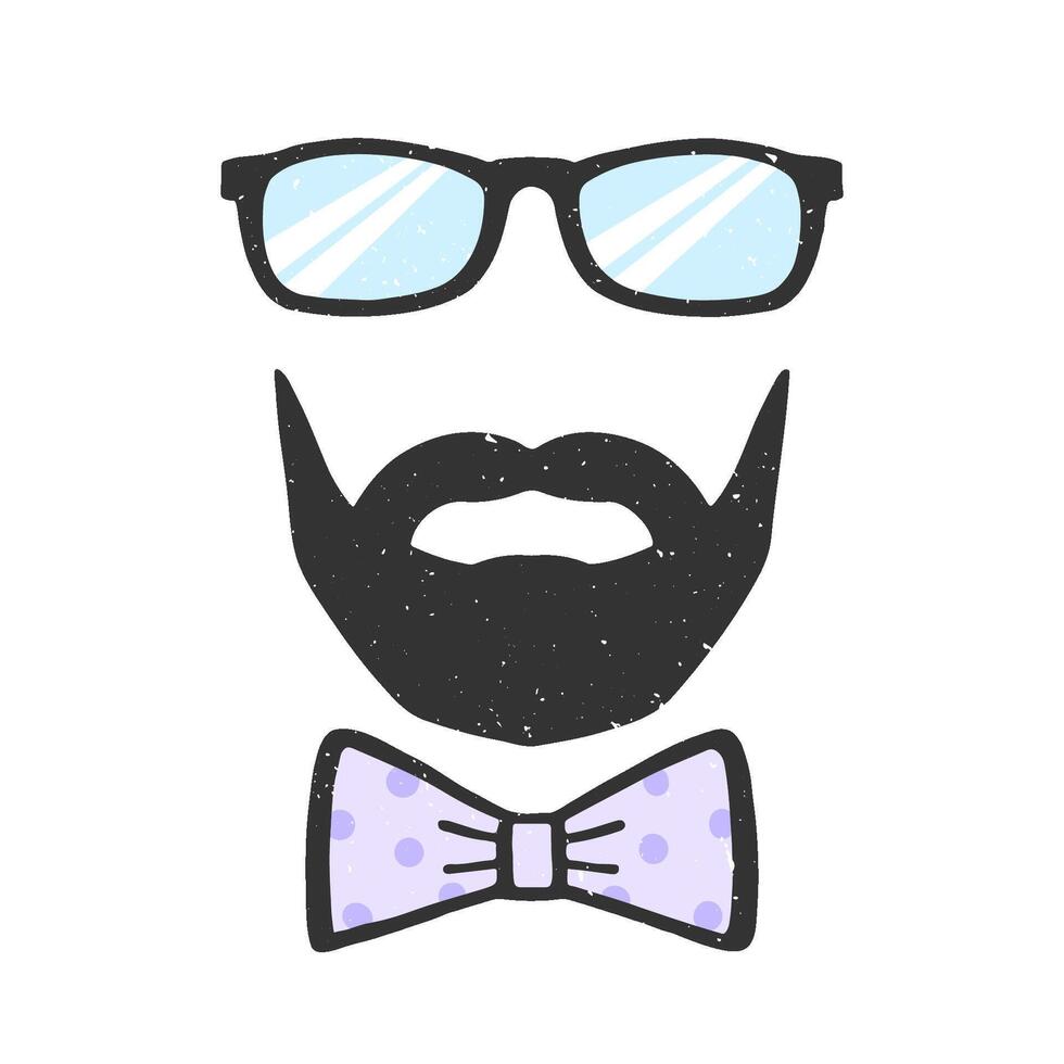 Glasses, beard and bow illustration with texture. Decoration for Father's Day. Man face. Design element for print, poster, banner, badge, sticker, t-shirt. vector