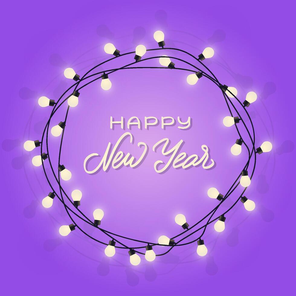 Happy New Year lettering in glowing lamp garland. Decorative wreath garland with bulbs. Holiday sign in circle lights border on blue background. Greeting card with round frame. vector