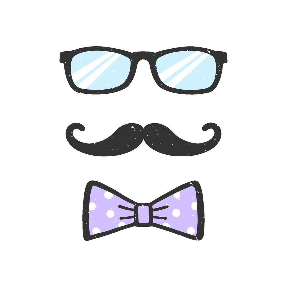 Glasses, moustache and bow illustration with texture. Decoration for Father's Day. Man face. Design element for print, poster, banner, badge, sticker, t-shirt. vector