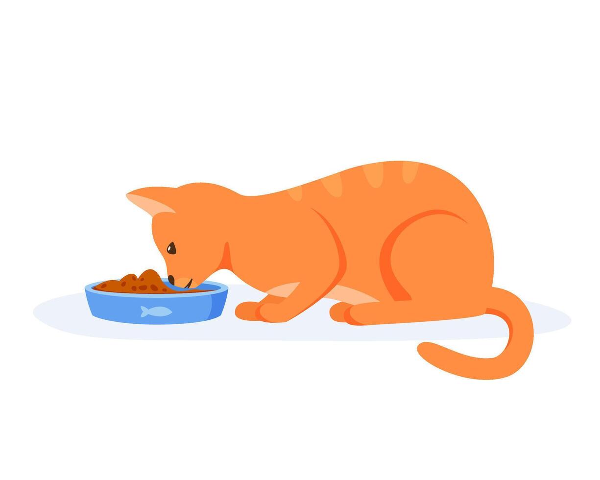 Hungry cat eating food from bowl. Red domestic cat having good appetite. Feeding pet with kibble or wet food. Flat style vector