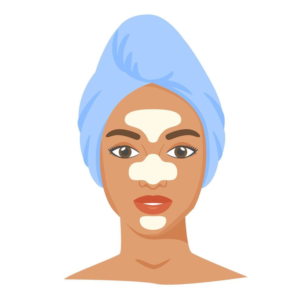 Young black woman with t-zone strips and towel on head. Skincare procedures at home. Cosmetic patches for nose, forehead and chin. vector