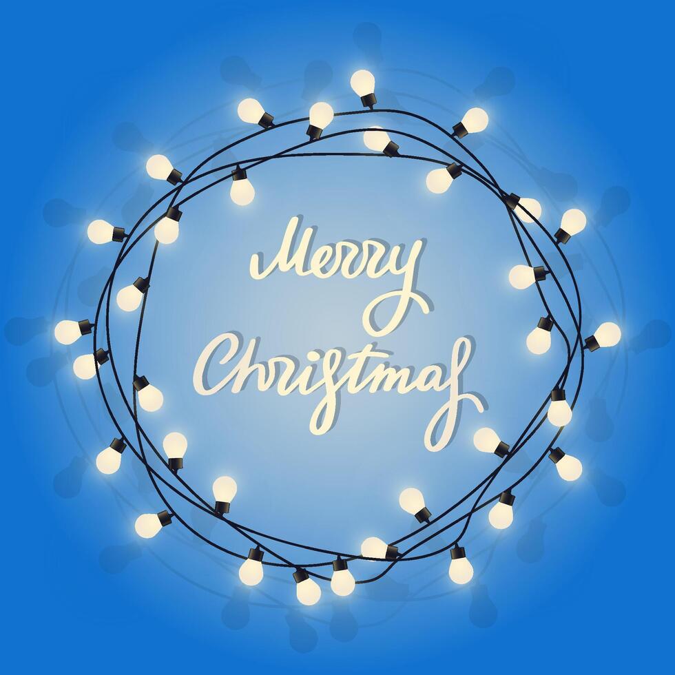 Merry Christmas lettering in glowing lamp garland. Decorative wreath garland with bulbs. Holiday sign in circle lights border on blue background. Greeting card with round frame. vector