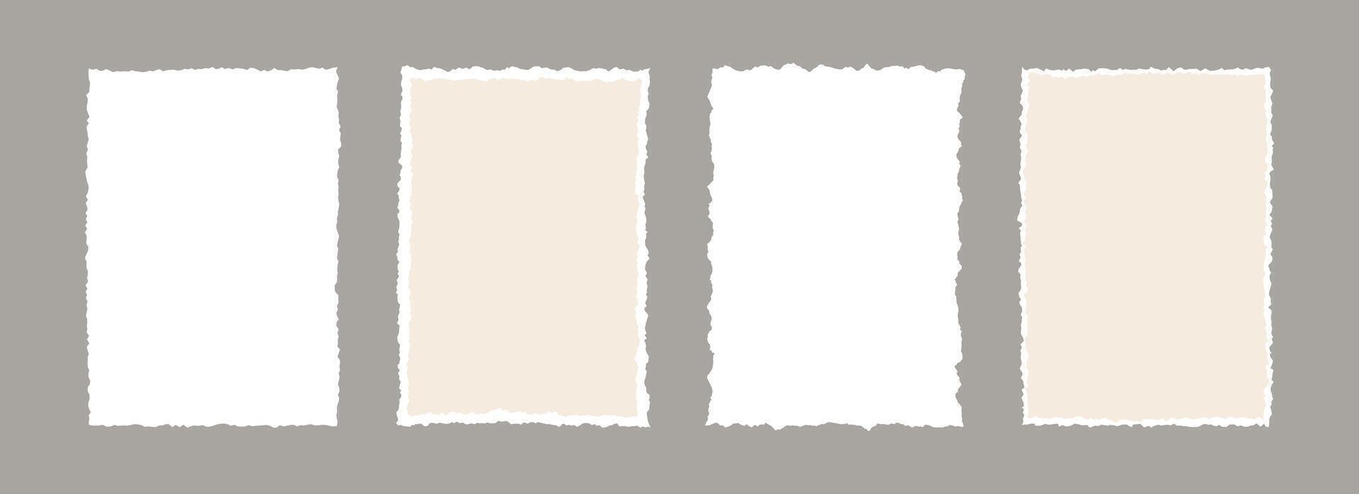 Torn paper frame backgrounds. Blank sheet wallpapers with jagged edges. Ripped grunge element bundle for poster, text box, banner, collage, sticker. Rectangle craft backdrops vector