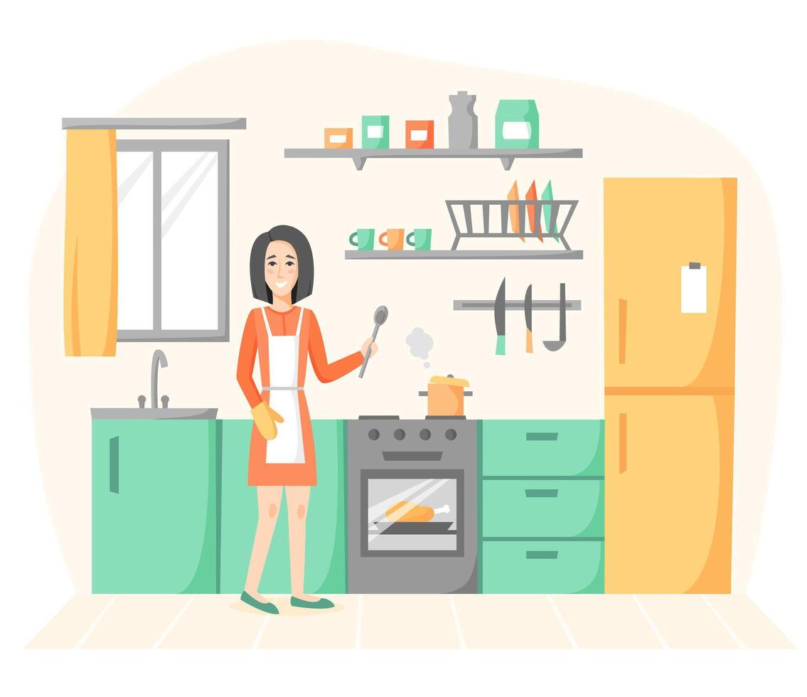 Smiling woman cooking in kitchen. Girl preparing homemade meals, soup and chicken. Housewife kitchen interior in flat style. illustration vector