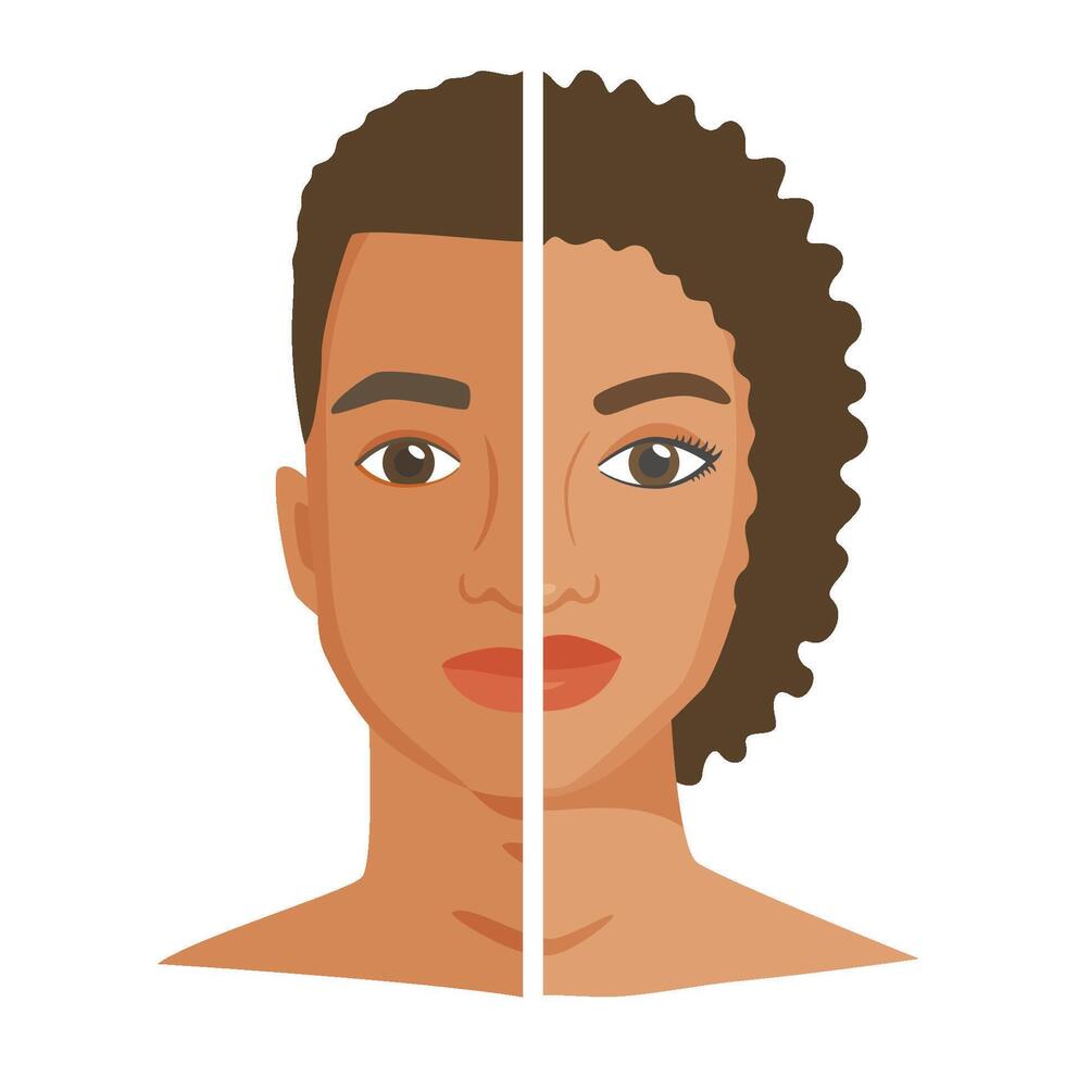 Halves of black woman and man face. Similarity and difference between men and women. Male vs female opposition or social bias. Can be identity searching or change gender concept. Flat style vector