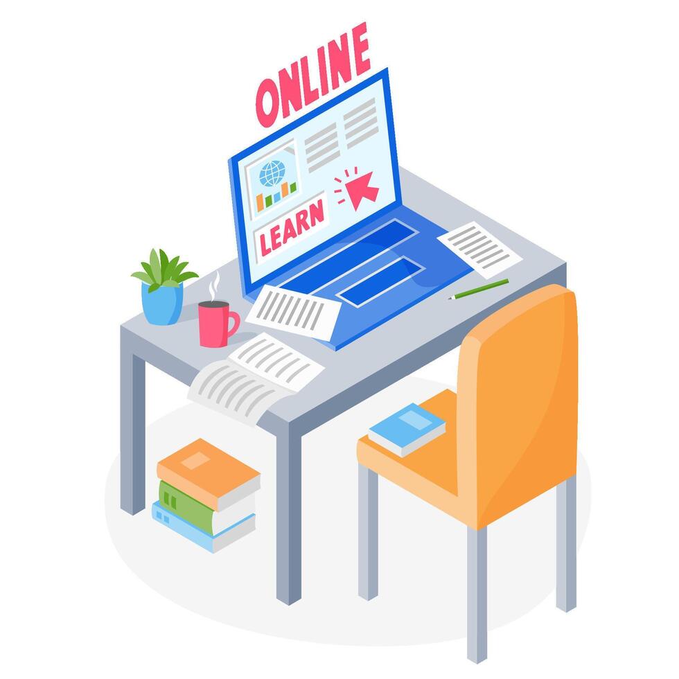 Learning online concept. Laptop, papers, books on table with chair. Studying online via the internet, learning from home, online education courses, illustration vector