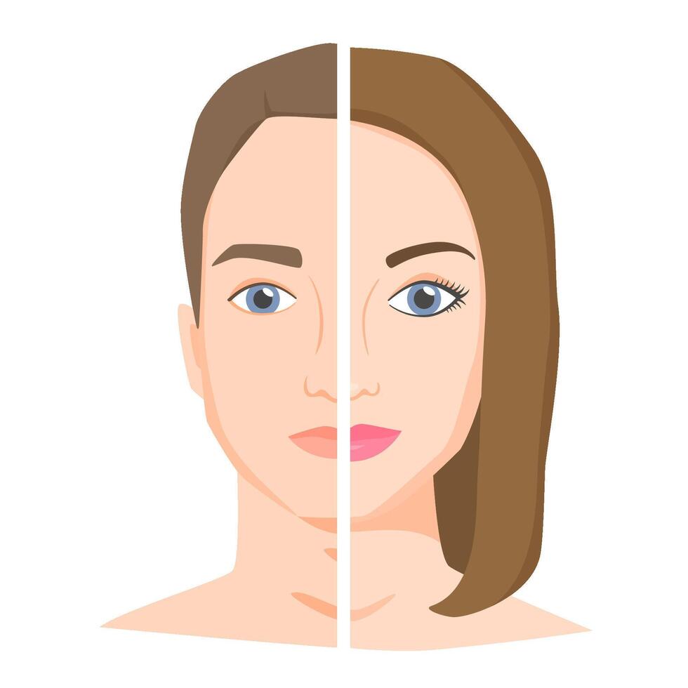 Half woman and half man face. Similarities and differences between man and woman. Male vs female opposition or social bias. Can be identity searching or change gender concept. illustration vector