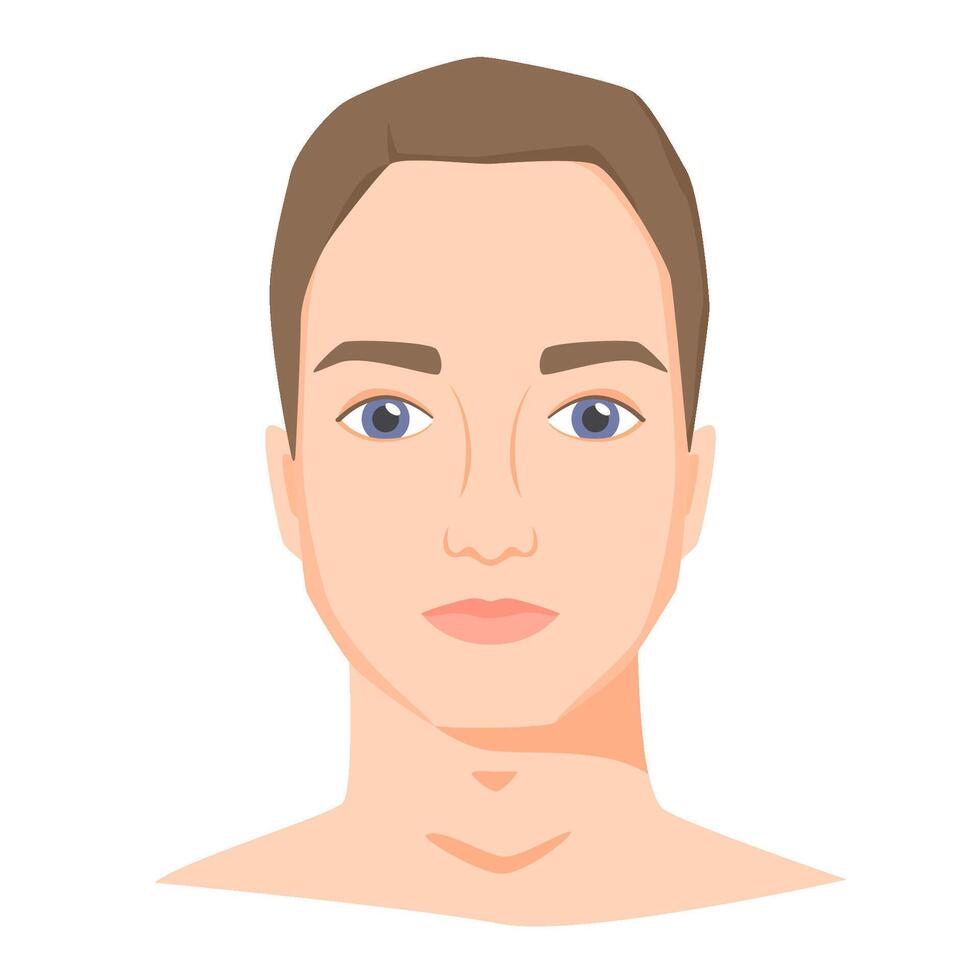 Young white man face with shot haircut. Male portrait of brunette in flat style. Front view. vector