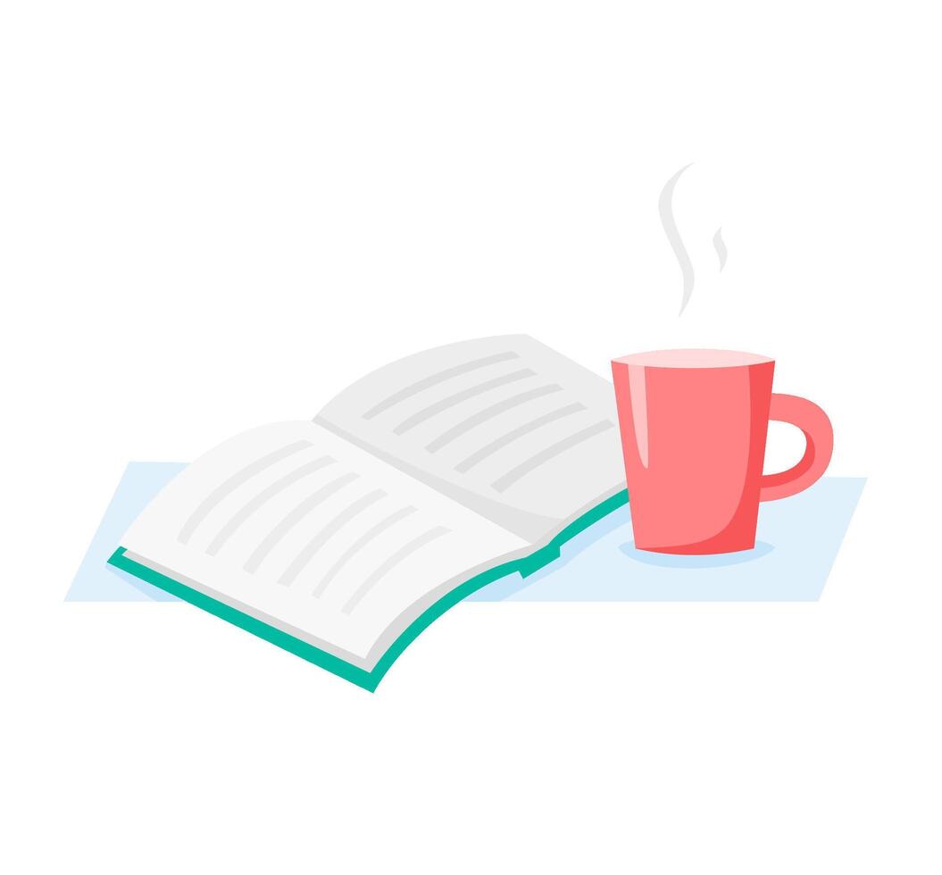 Cup and book, read and drink coffee or tea, flat illustration vector