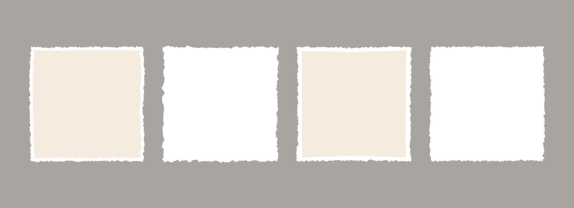Torn paper frame backgrounds. Jagged edge paper sheet wallpapers. Beige and white ripped grunge element bundle for poster, text box, banner, collage, sticker. Blank square craft backdrops vector