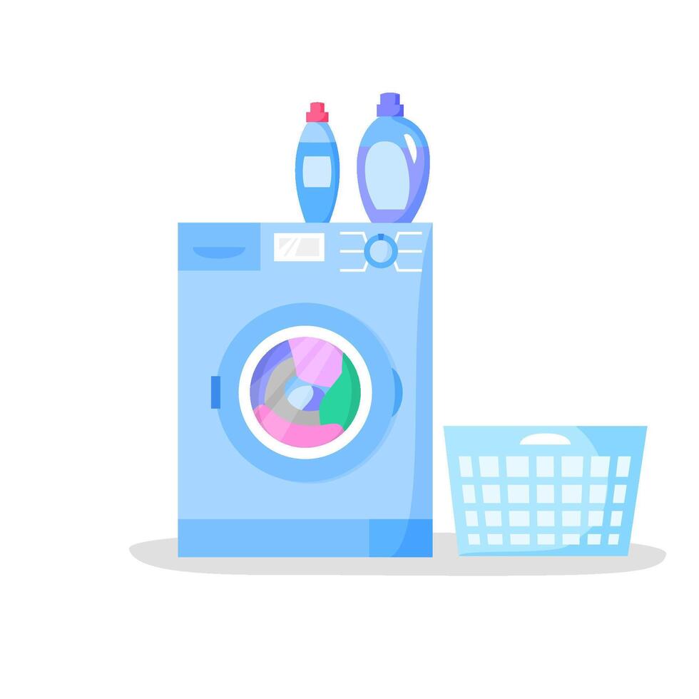 Working washing machine and empty laundry basket, bottles with liquid detergents, flat style illustration vector