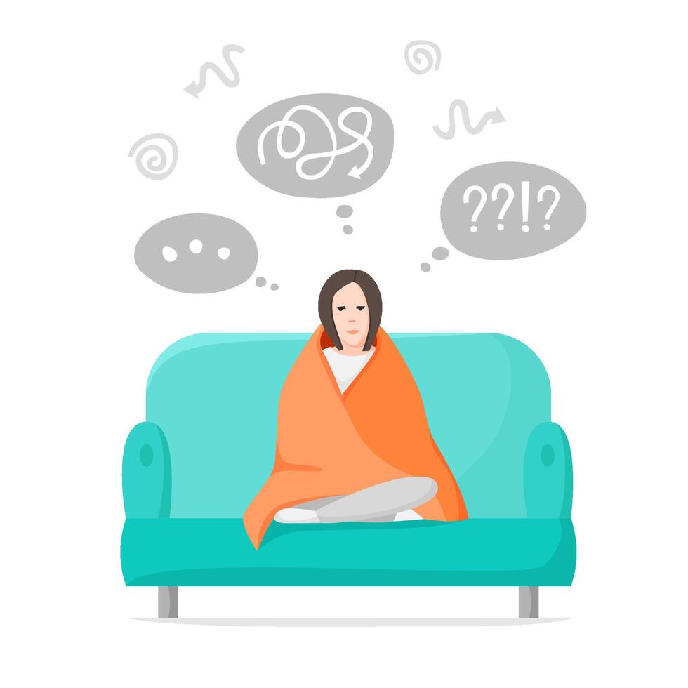 Thinking woman sitting alone at home, many different ideas in head, girl tries to figure something out, concerned about something, difficult thoughts in mind. Self isolation. flat illustration vector