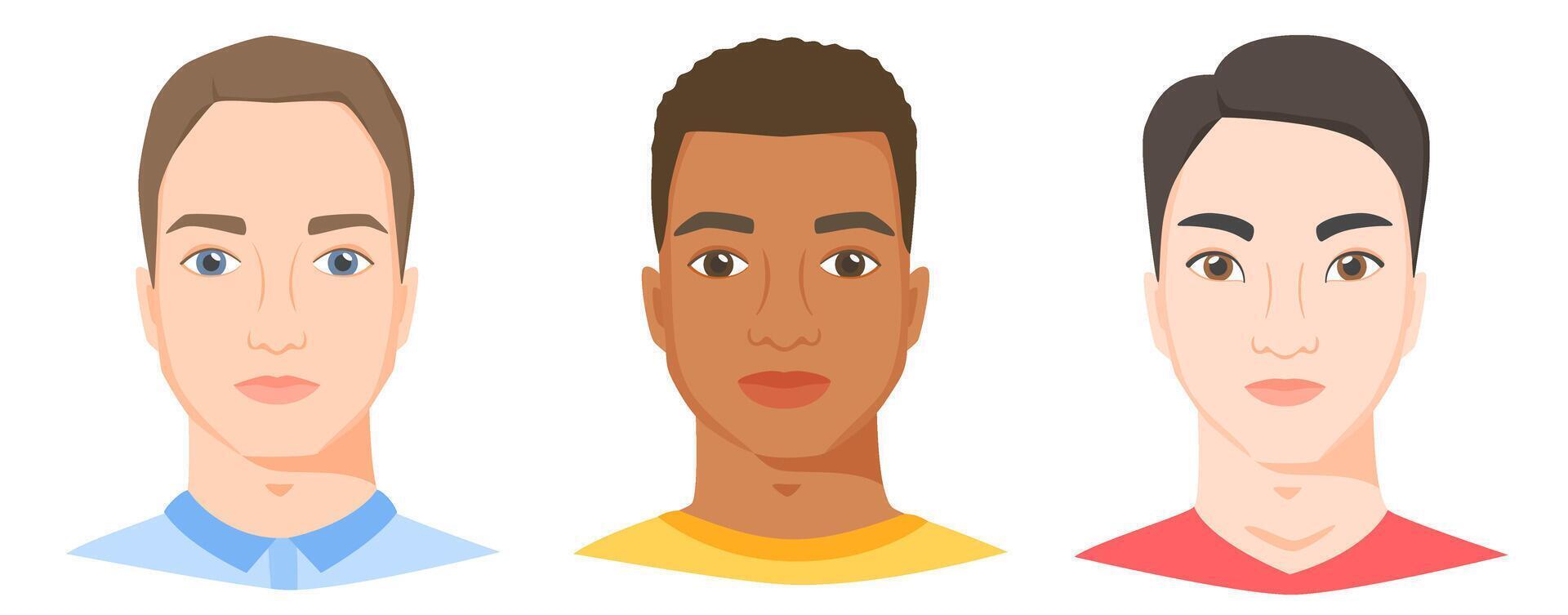 Men with different ethnicity, race and appearance. White, black and asian male faces in flat style. vector