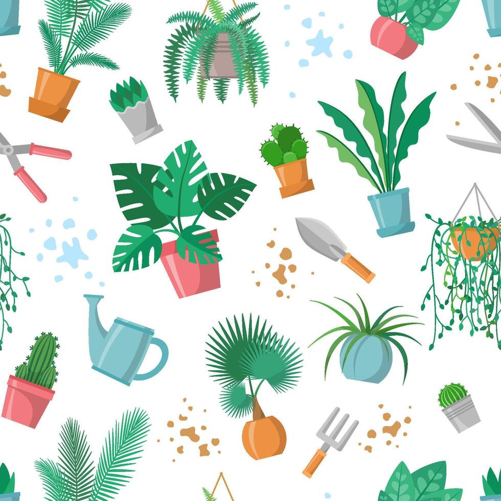 Seamless pattern with plants and garden tools, home plant repeated ornament, decoration for plant and gardening lover. Flowerpots, scissors, fork, trowel, watering pot, palm, cactus, fern. Flat vector