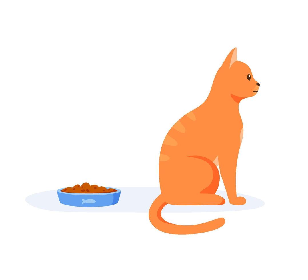 Picky cat refusing to eat food in bowl. Red domestic cat being selective and persnickety. Pet not eating kibble or wet food. Feeding pet problem. Flat style vector