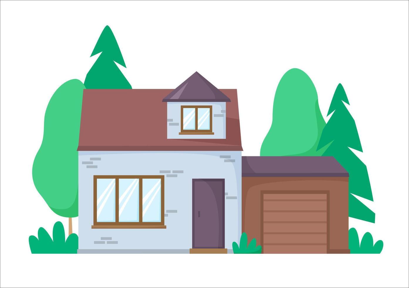 Brick house with garage. Nice detached house with greenery on background. Flat design architecture. illustration vector