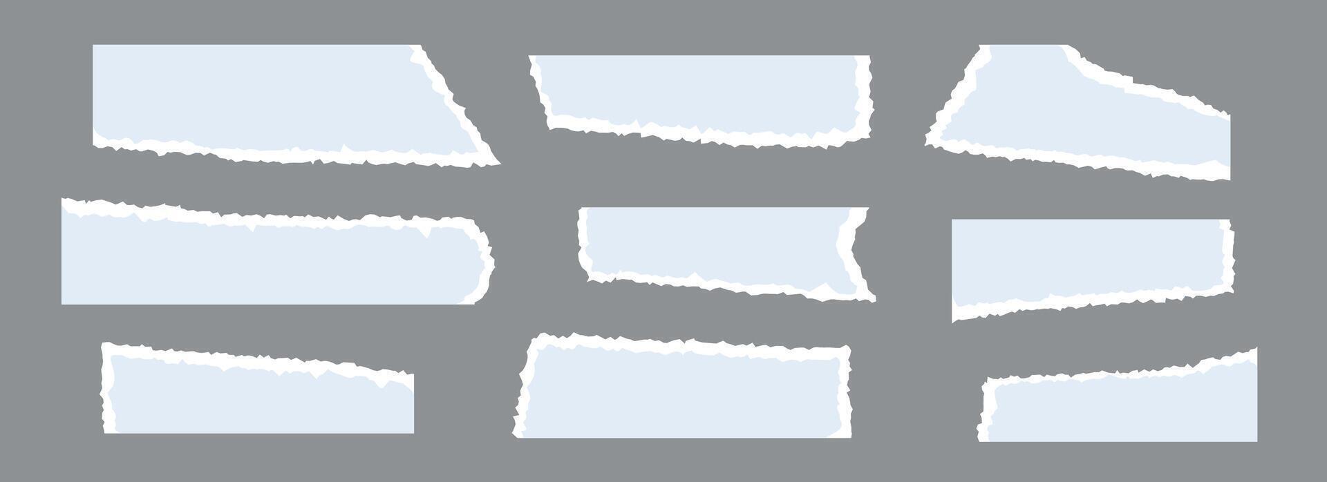 Light blue torn paper pieces set. Ripped paper sheet strips collection. Long elements with jagged uneven edges for collage, text box, banner, sticker, poster. textured cardboard fragments vector