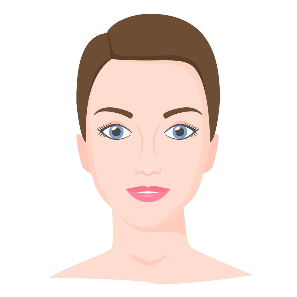 Young woman face with shot haircut. Female portrait of brunette in flat style. Natural beauty. Front view. vector