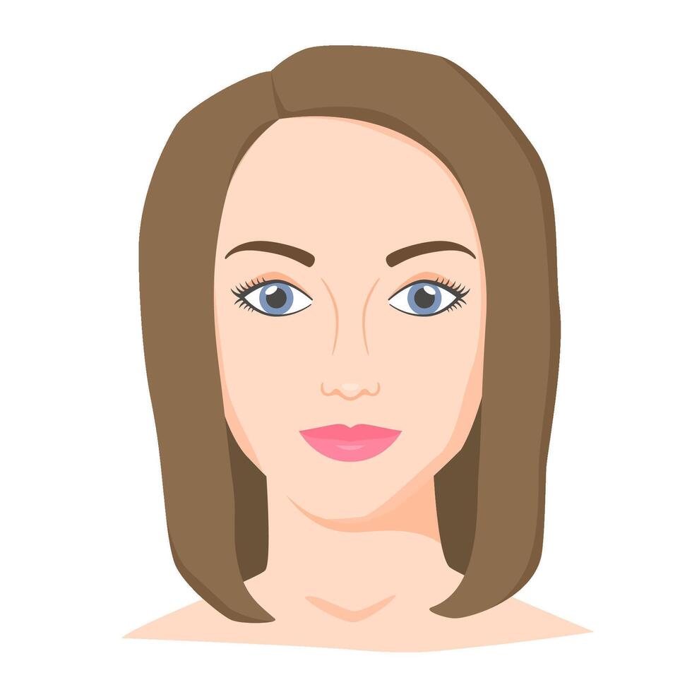 Young woman face. Female portrait of brunette in flat style. Natural beauty. Front view. vector