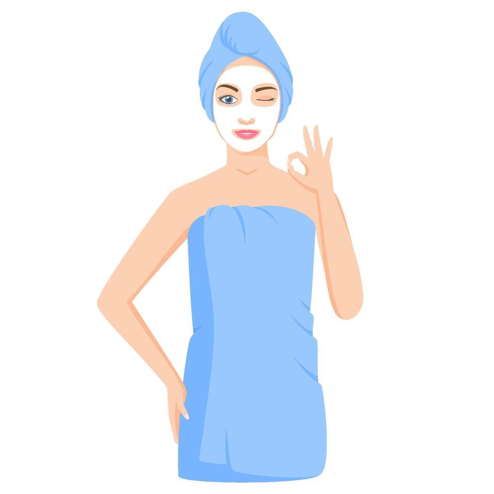 Young white woman wrapped in towels after bath or shower. Woman using cosmetic clay or sheet mask. Skincare procedures and spa at home. Winking woman showing ok gesture. vector