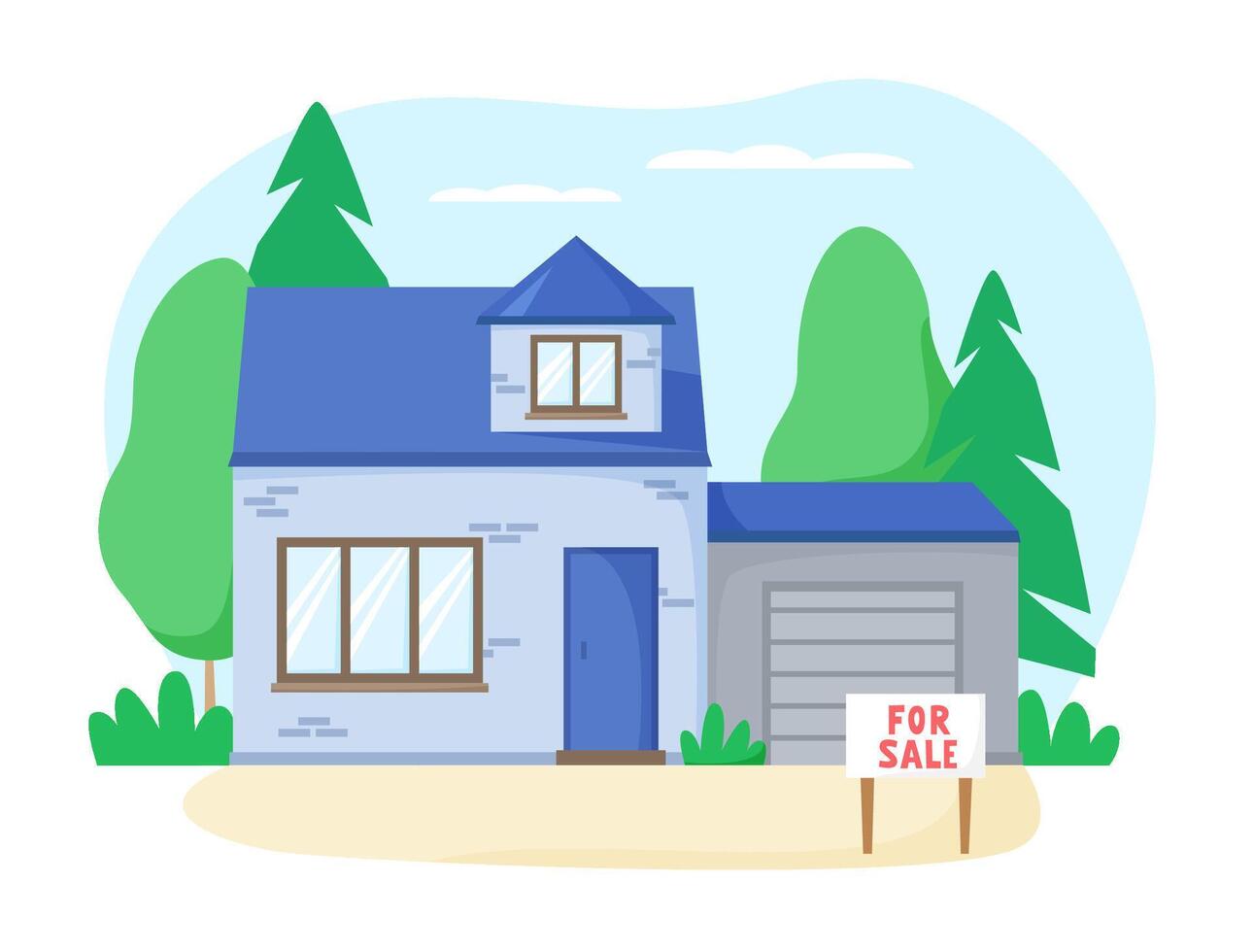 Separate brick house with garage for sale. Nice detached house with greenery im suburb. Flat design illustration vector