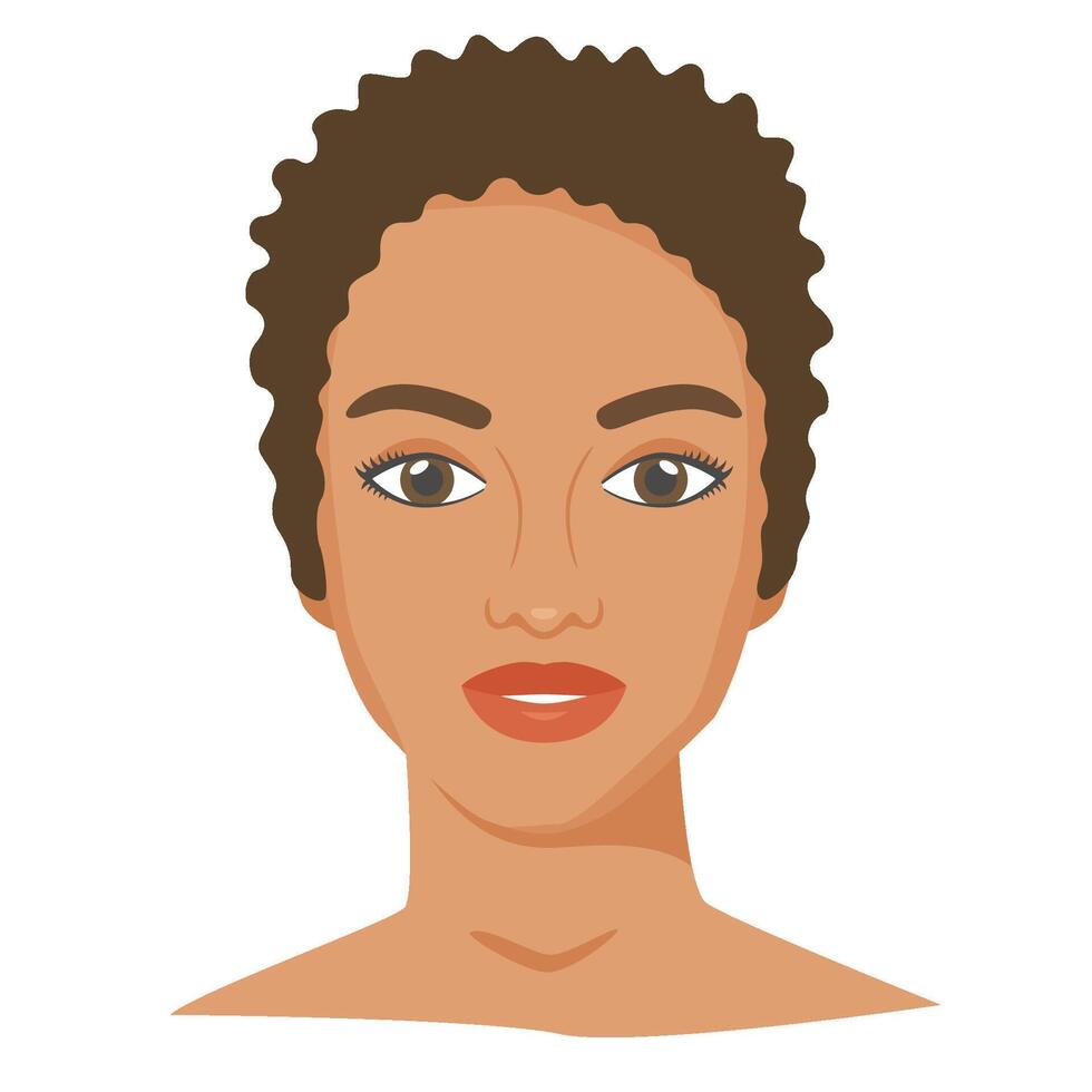 Black woman face with shot haircut. Female portrait in flat style. Natural beauty. Front view. vector