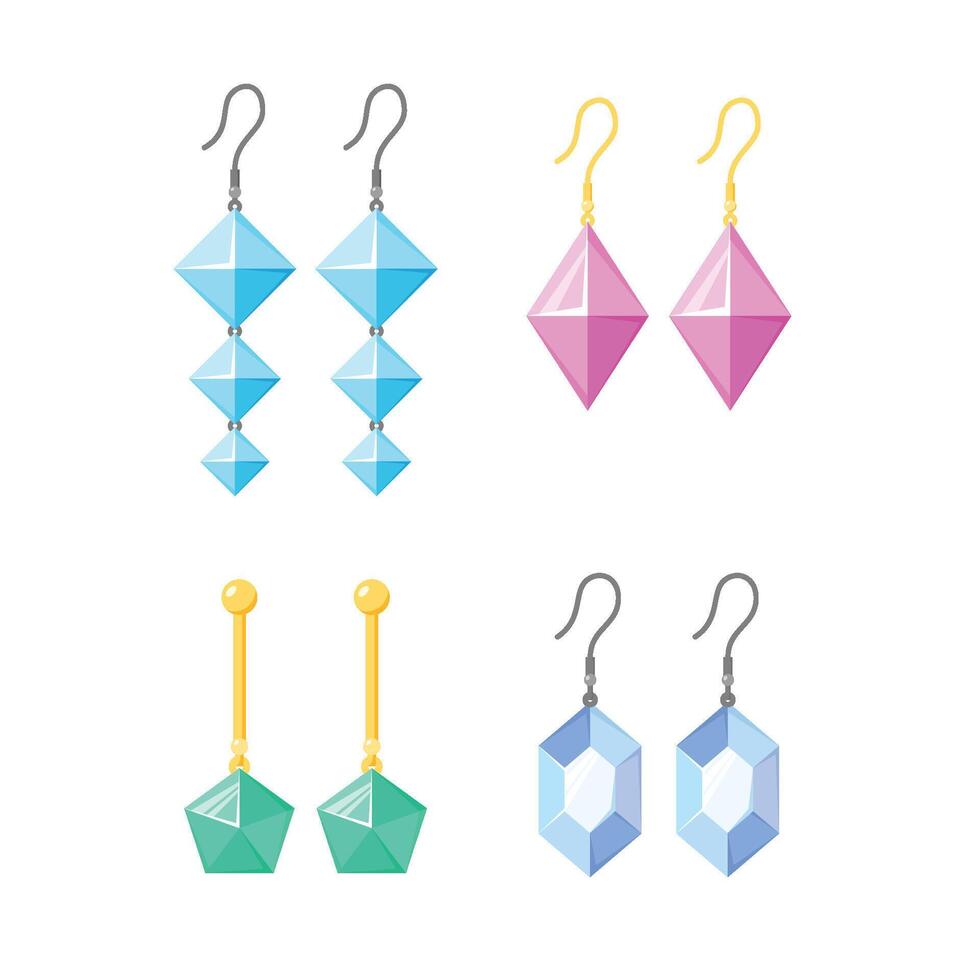 Earrings collection. Gold or silver accessories with gemstones, diamonds, precious stone. Jewellery set. Flat vector