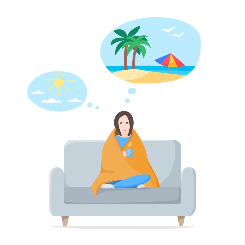 Woman dreaming about vacation, travelling and warm sunny weather. Thinking about holidays in hot tropical country at sea. Lockdown, global quarantine and self isolation concept. Flat vector