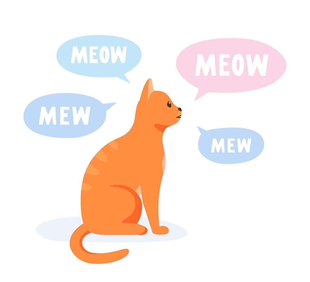 Talkative cat meowing and yowling a lot. Vocal domestic cat talking and yelling. Flat style vector