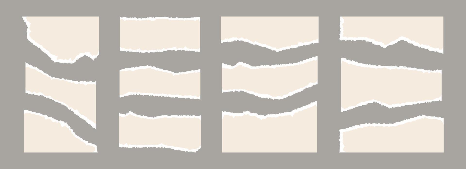 Light beige torn paper pieces set. Ripped paper sheet strips collection. Elements and shapes with uneven jagged edges for sticker, collage, text box, banner, poster. Cardboard texture fragments vector