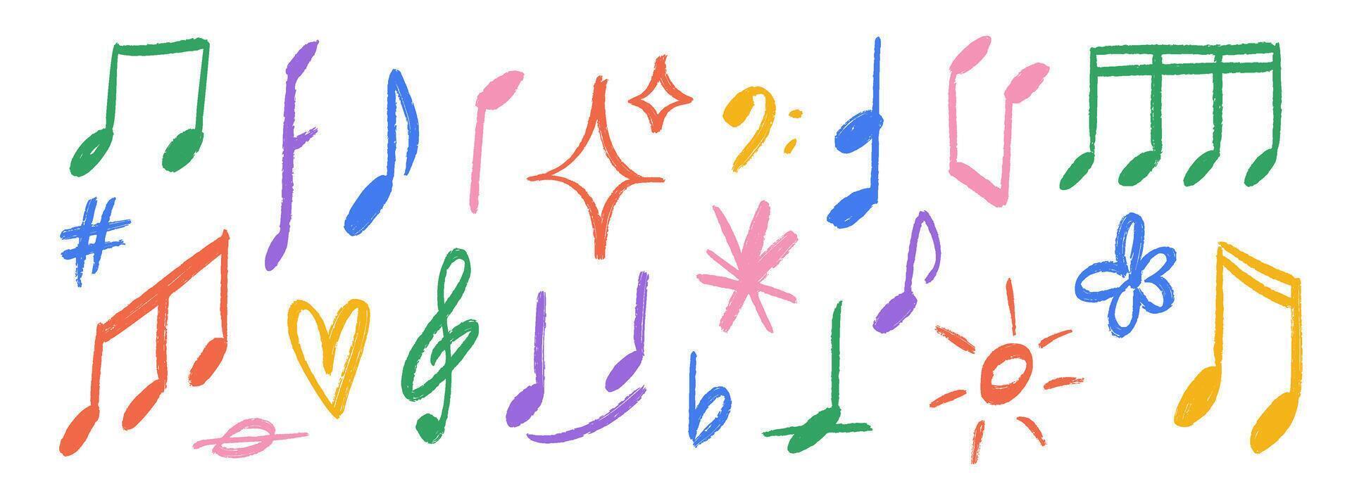 Hand drawn music notes and symbols set. Chalk doodle musical sign collection. Charcoal brush scribble music elements, sun, heart, stars bundle. Colorful crayon sketch music keys and clefs pack. vector