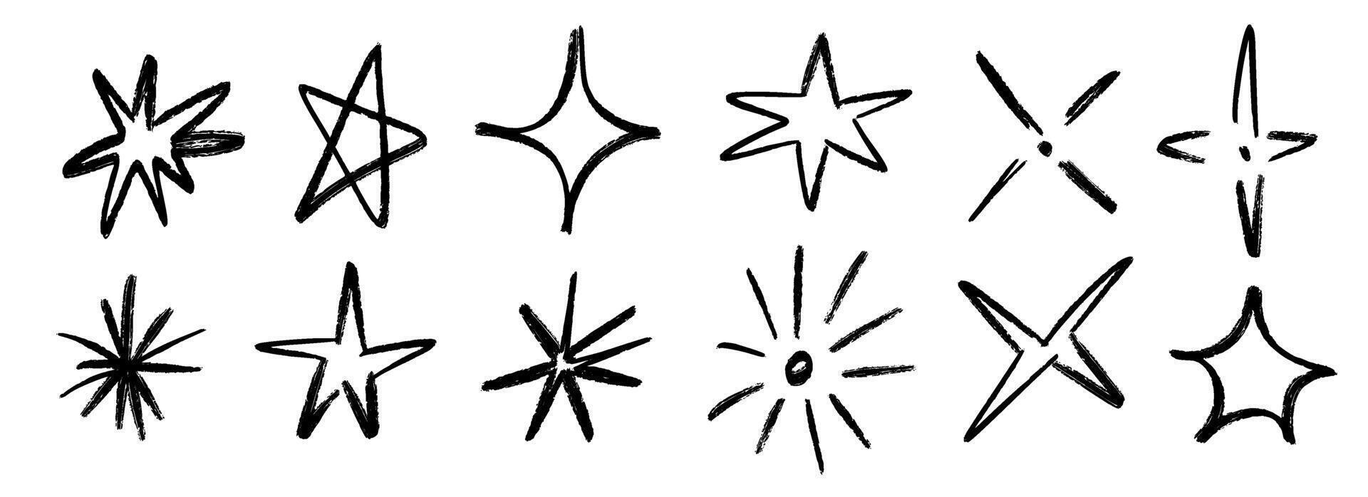 Crayon hand drawn stars and sparkles set. Childish doodle sparks collection. Grunge rough brush stroke shine element pack for collage, poster, sticker, label. Black sketched pencil symbols. vector