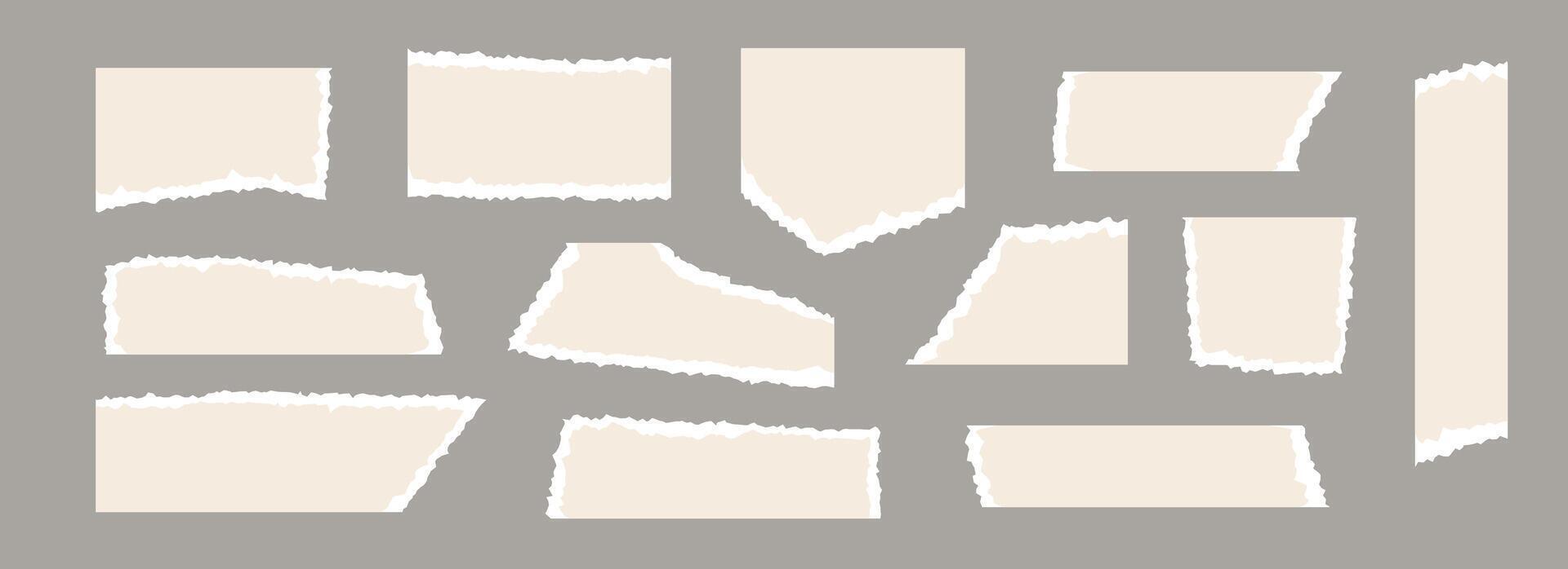 Light beige torn paper pieces set. Ripped paper sheet strips collection. Elements and shapes with jagged uneven edges for sticker, collage, text box, banner, poster. Cardboard texture fragments vector