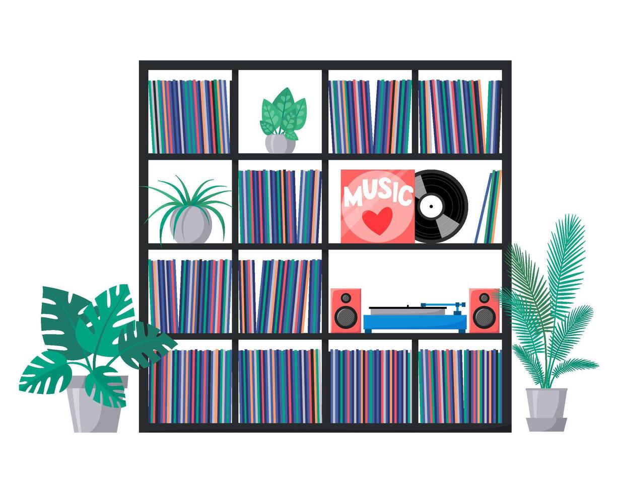 Colorful bookshelf with vinyl records vector