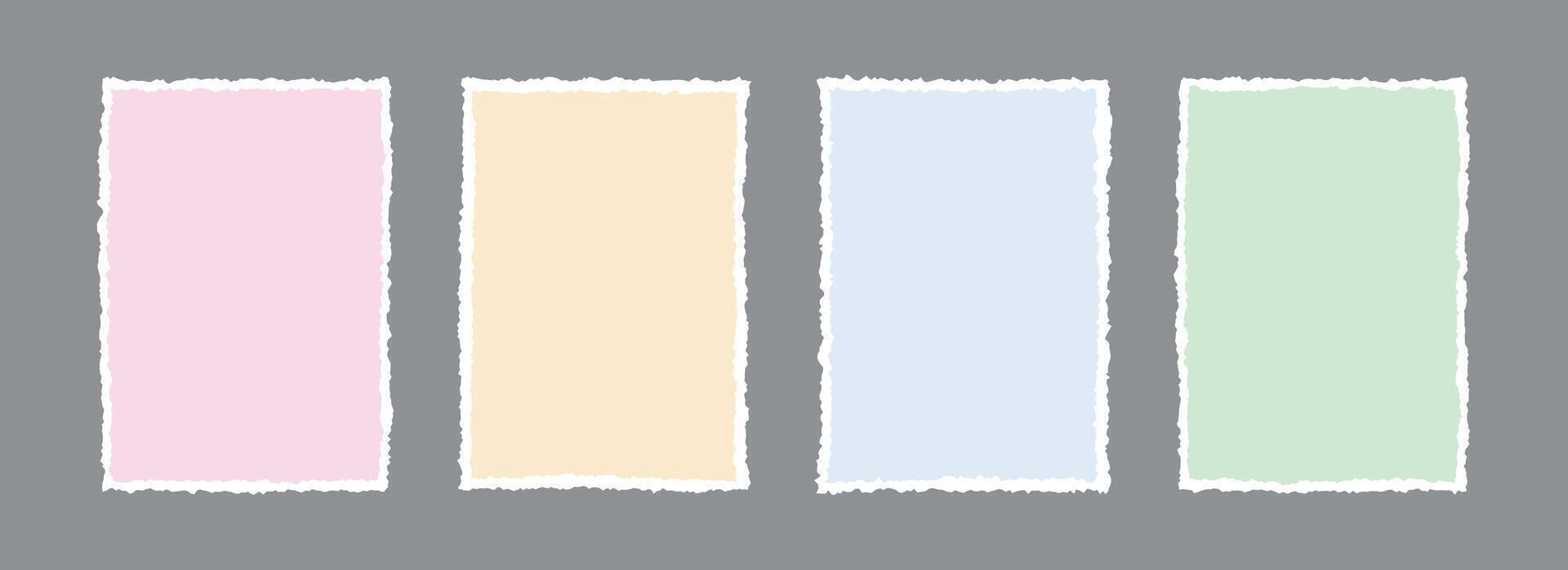 Torn paper frame backgrounds. Colored blank sheet wallpapers with jagged edges. Ripped grunge element bundle for poster, text box, banner, collage, sticker. Rectangle craft backdrops vector