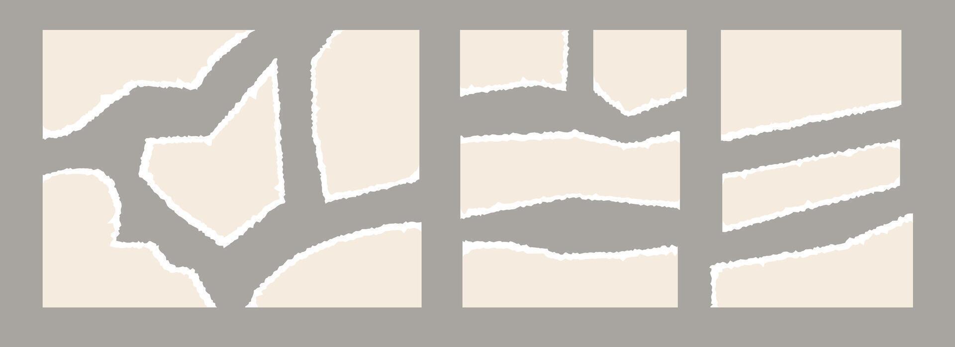 Light beige torn paper pieces set. Ripped paper sheet strips collection. Elements and shapes with uneven jagged edges for sticker, collage, text box, badge, poster. Cardboard texture fragments vector