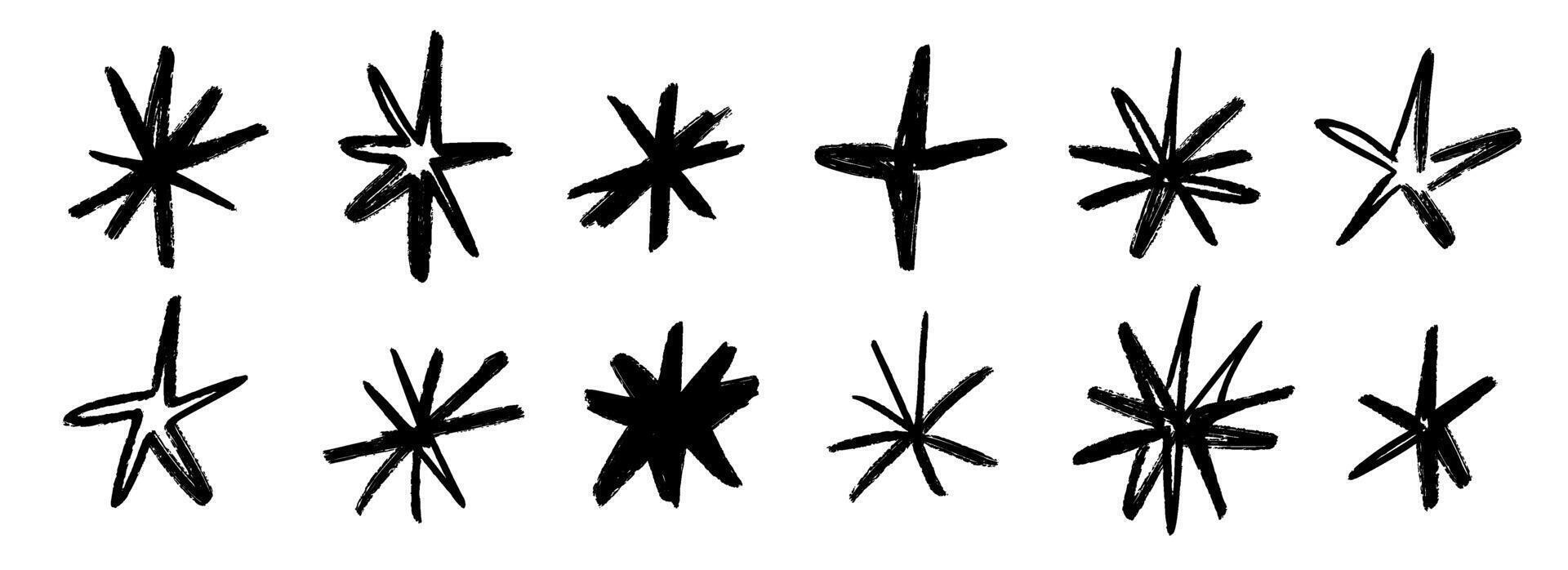 Crayon hand drawn stars set. Childish doodled sparks and sparkles collection. Grunge rough brush stroke shine element pack for collage, poster, sticker, label. Black pencil sketched symbols. vector