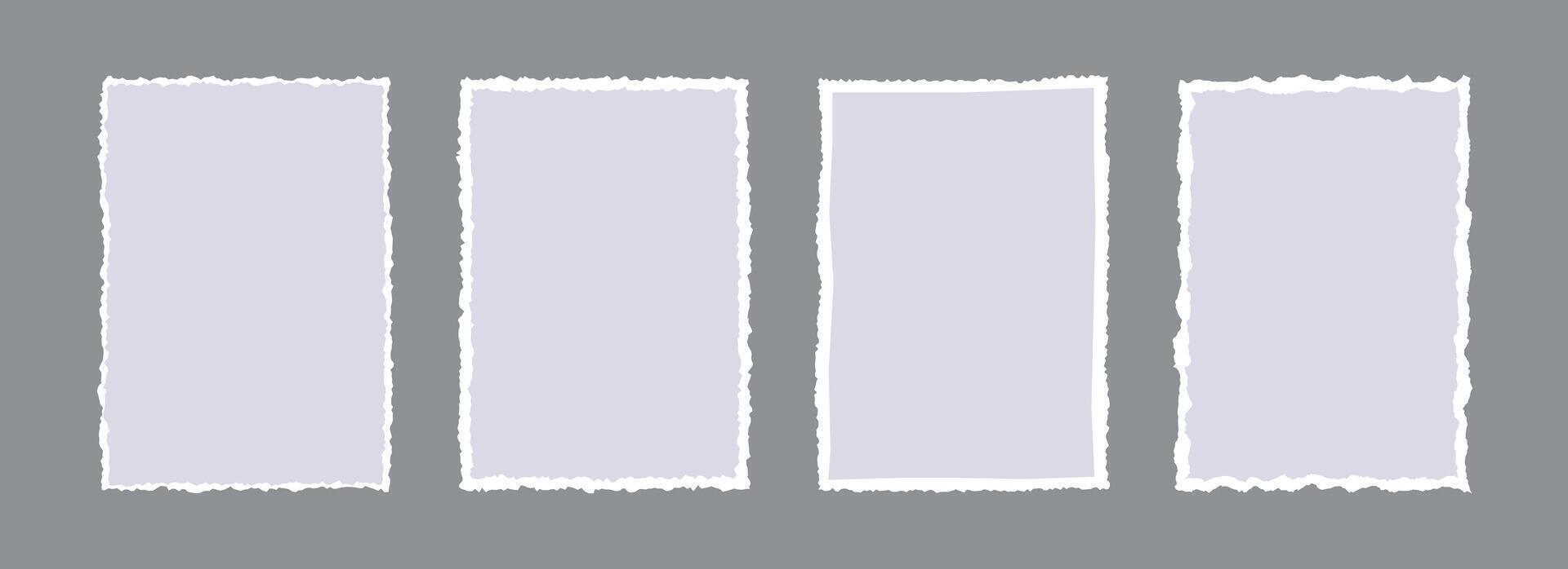 Grey torn paper frame backgrounds. Gray blank sheet wallpapers with jagged edges. Ripped grunge element bundle for poster, text box, banner, collage, sticker. Rectangle craft backdrops vector